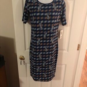 LuLaRoe Blue and Brown Patterned Midi Dress with Olaf from frozen SMALL